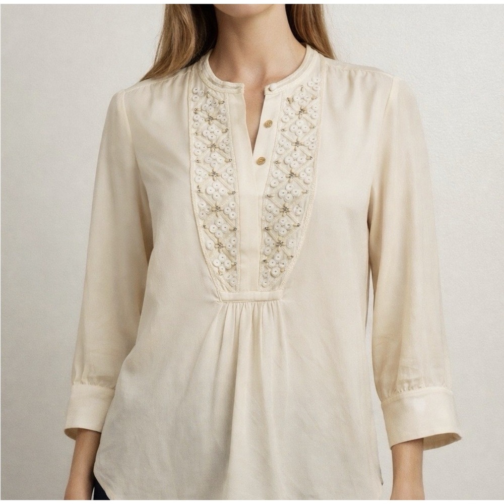 Tory Burch Size-8 Silk Embellished Blouse 3/4 Sleeve Top Ivory